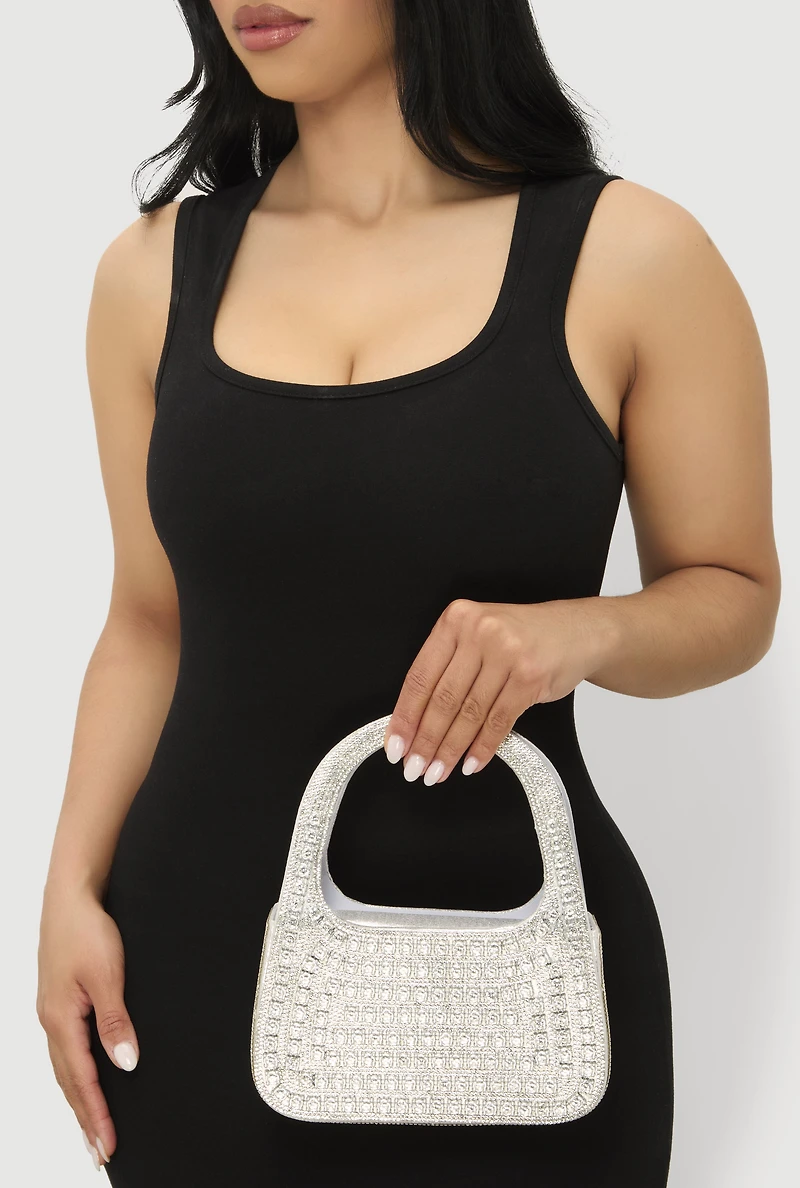 Womens Rhinestone Convertible Handbag, Silver