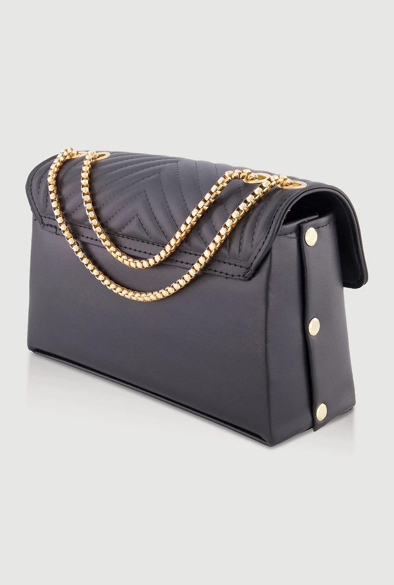 Metallic Chain Quilted Flap Crossbody Handbag