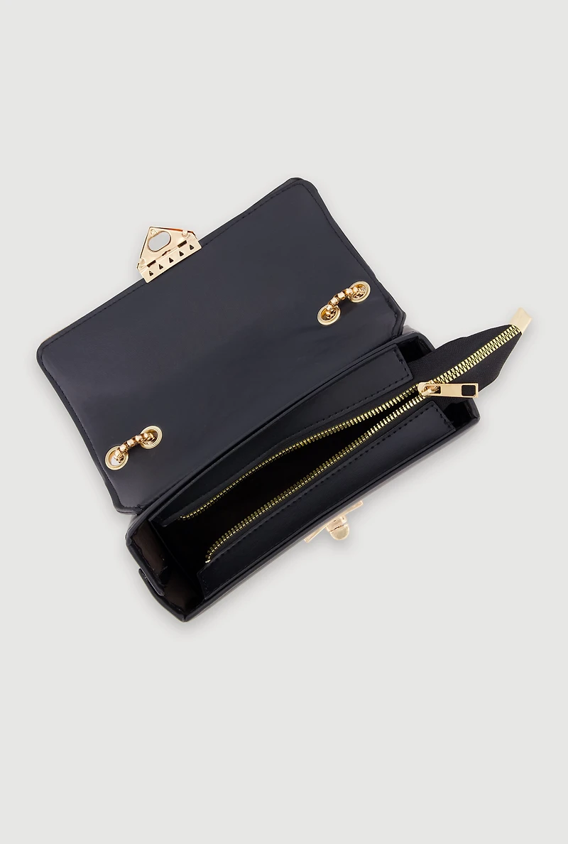 Metallic Chain Quilted Flap Crossbody Handbag