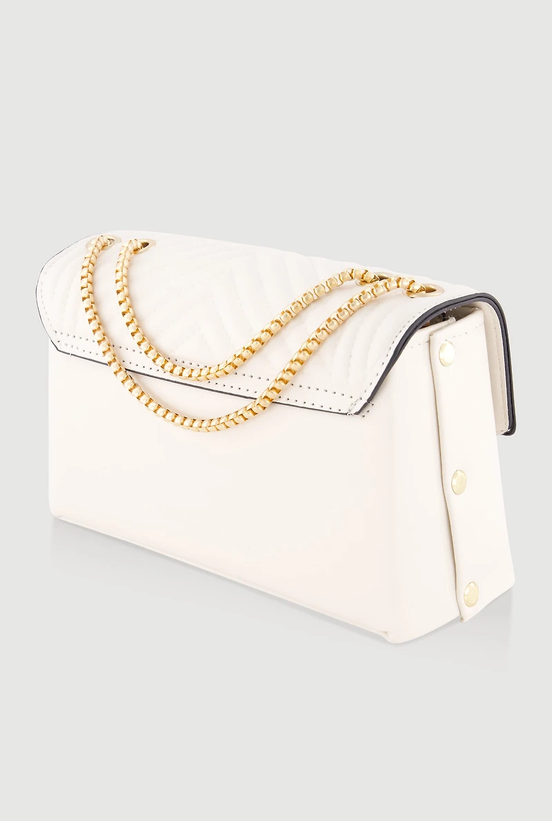 Metallic Chain Quilted Flap Crossbody Handbag