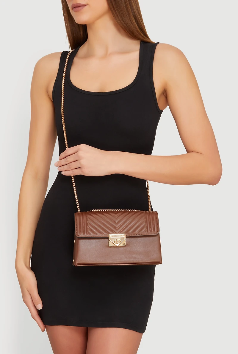 Metallic Chain Quilted Flap Crossbody Handbag