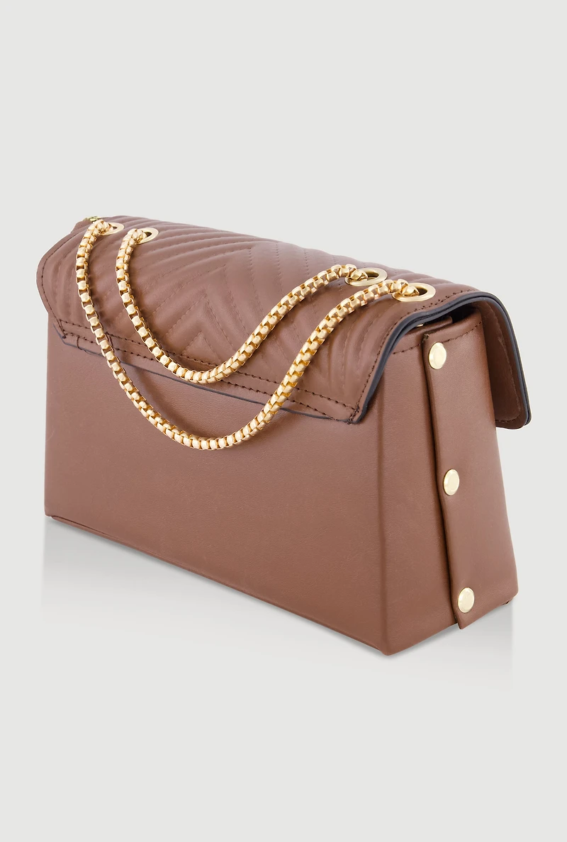 Metallic Chain Quilted Flap Crossbody Handbag