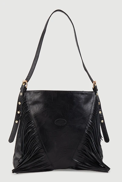 Womens Faux Leather Fringe Hobo Bag, Black