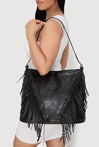 Womens Faux Leather Fringe Hobo Bag, Black