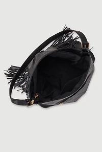 Womens Faux Leather Fringe Hobo Bag, Black