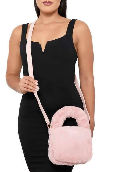 Womens Faux Fur Convertible Crossbody Bag, Pink