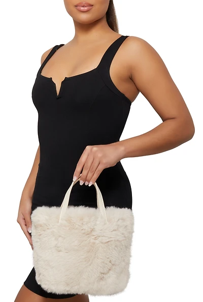 Womens Faux Fur Tote Bag, Beige