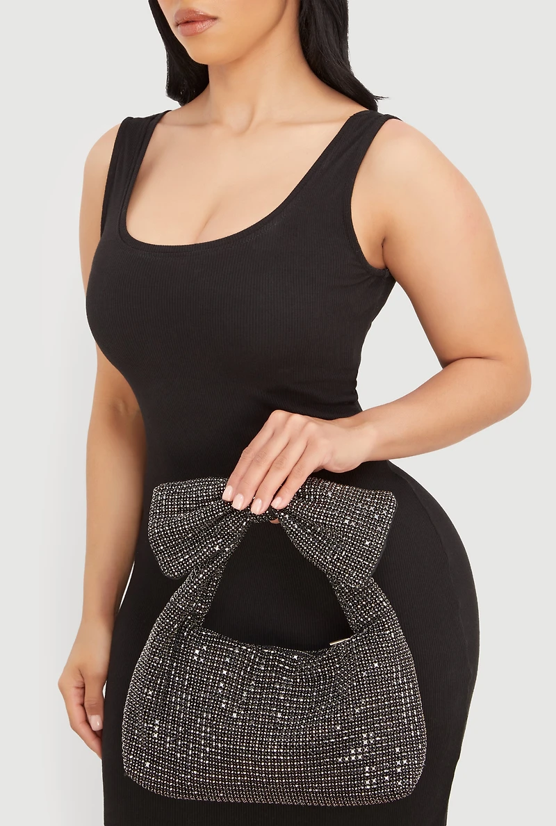 Bow Detail Rhinestone Mesh Shoulder Bag
