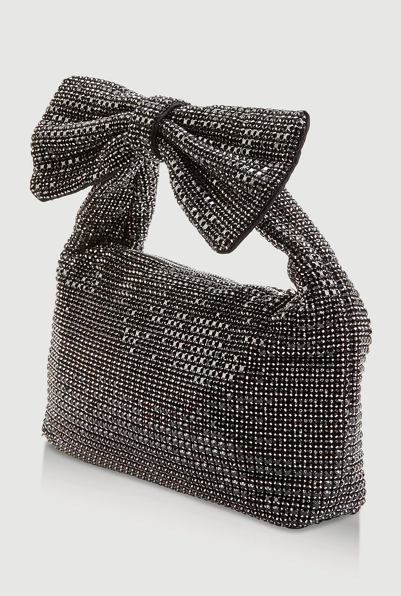 Bow Detail Rhinestone Mesh Shoulder Bag