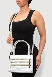 Womens Triple Zipper Detail Convertible Handbag, Silver