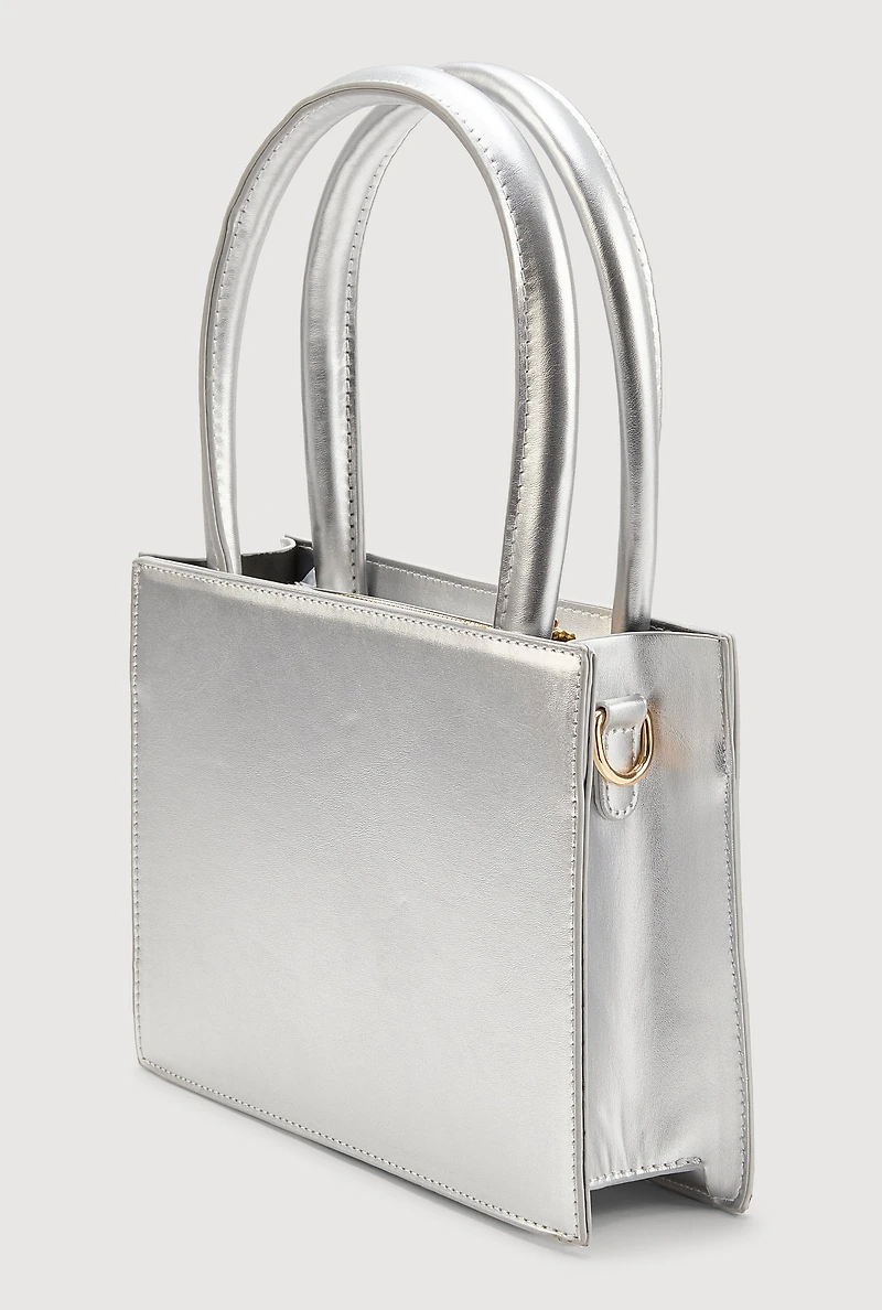 Womens Triple Zipper Detail Convertible Handbag, Silver
