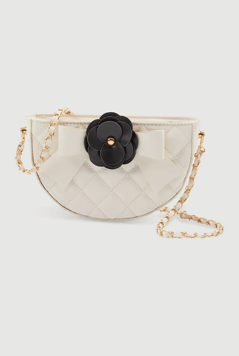 Womens Flower Bow Detail Quilted Crossbody Bag, White
