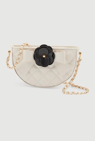 Womens Flower Bow Detail Quilted Crossbody Bag, White