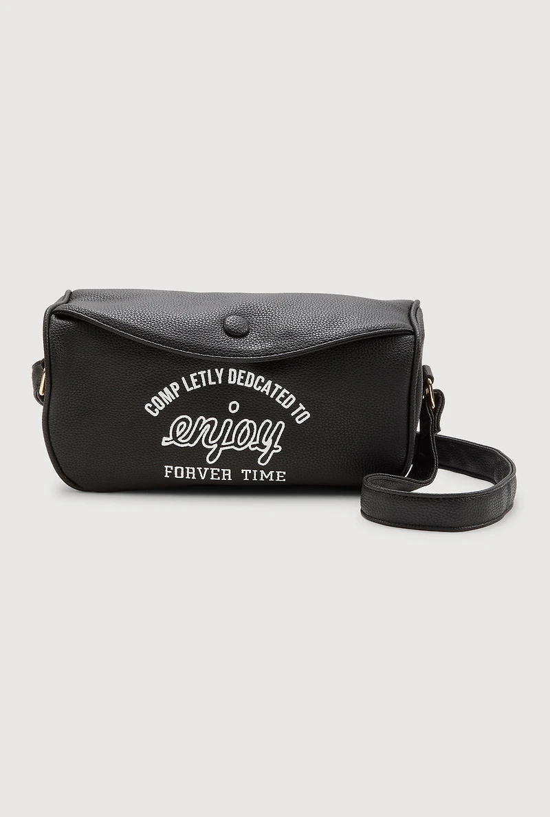 Womens Enjoy Graphic Faux Leather Half Moon Crossbody Bag, Black