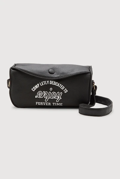 Womens Enjoy Graphic Faux Leather Half Moon Crossbody Bag, Black