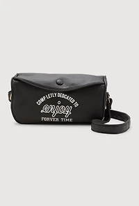 Womens Enjoy Graphic Faux Leather Half Moon Crossbody Bag, Black