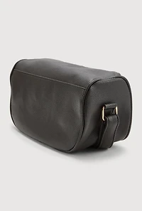 Womens Enjoy Graphic Faux Leather Half Moon Crossbody Bag, Black