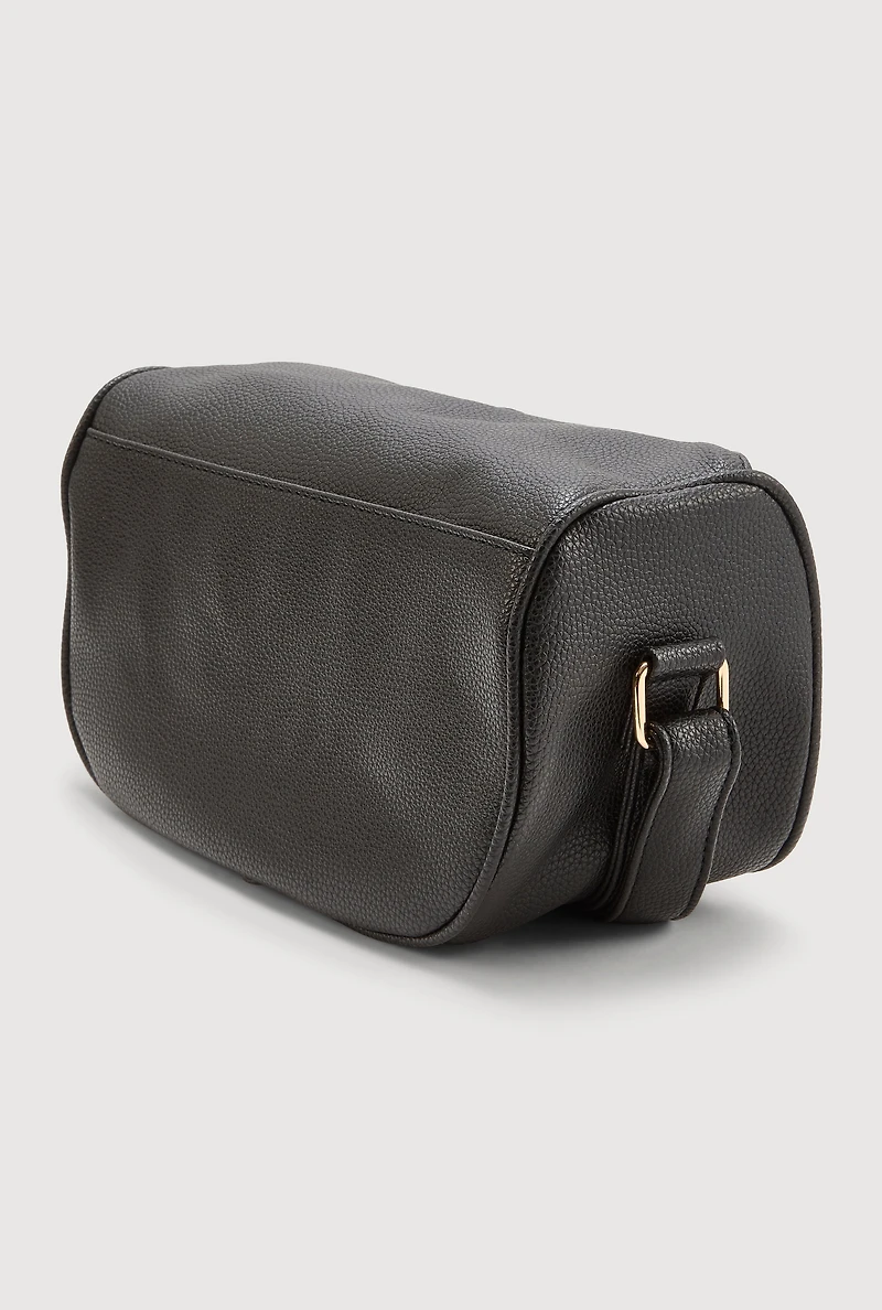 Womens Enjoy Graphic Faux Leather Half Moon Crossbody Bag, Black