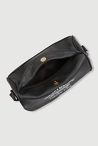 Womens Enjoy Graphic Faux Leather Half Moon Crossbody Bag, Black