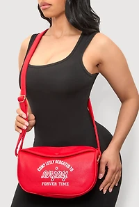 Womens Enjoy Graphic Faux Leather Half Moon Crossbody Bag,