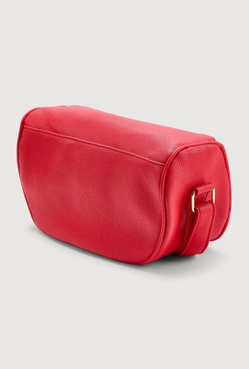 Womens Enjoy Graphic Faux Leather Half Moon Crossbody Bag, Red