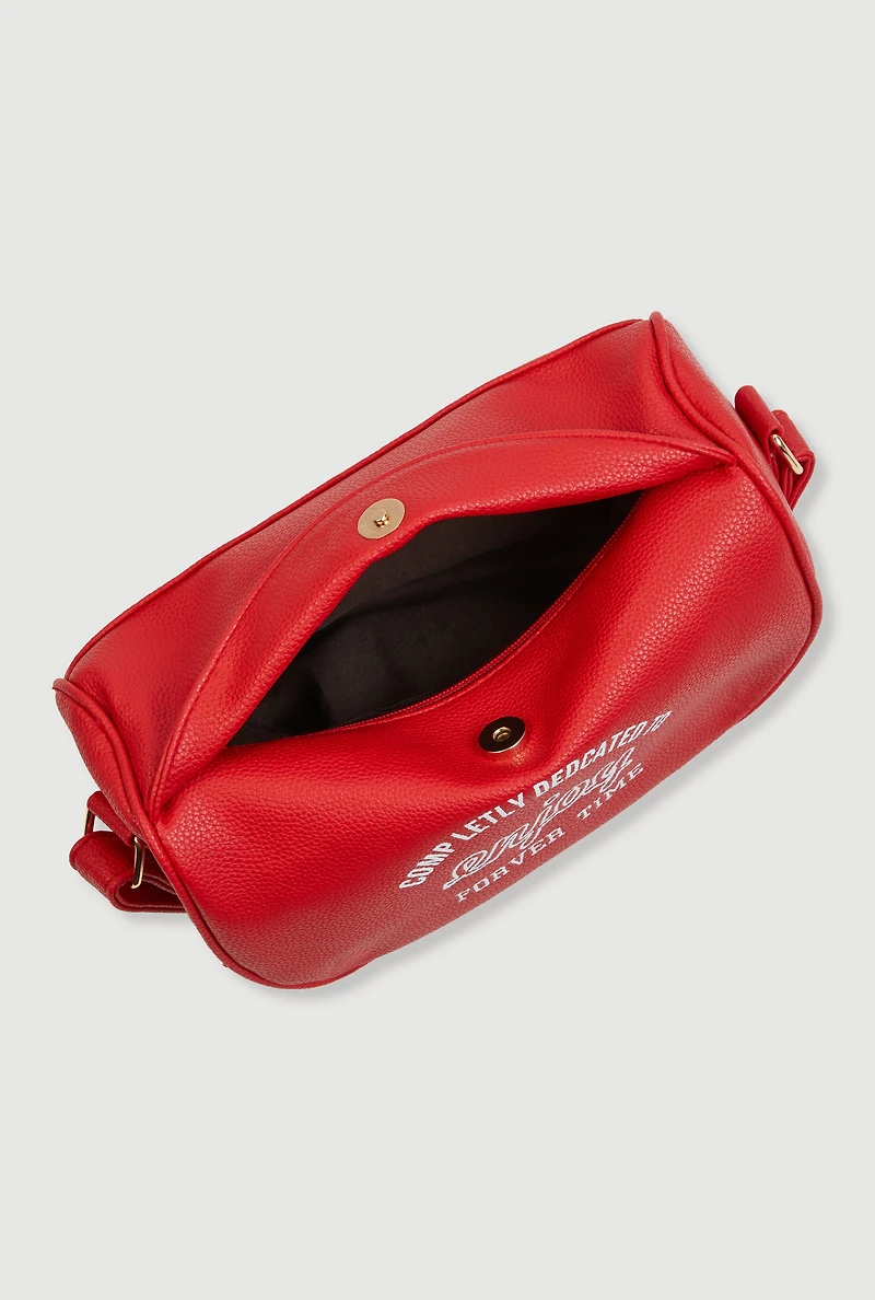 Womens Enjoy Graphic Faux Leather Half Moon Crossbody Bag, Red