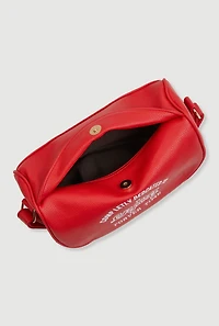 Womens Enjoy Graphic Faux Leather Half Moon Crossbody Bag, Red