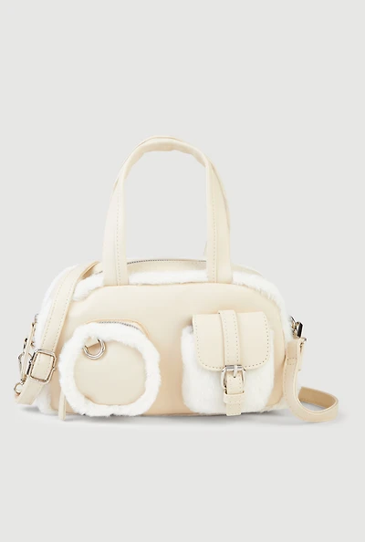 Faux Fur Trim Cargo Pocket Convertible Crossbody Bag