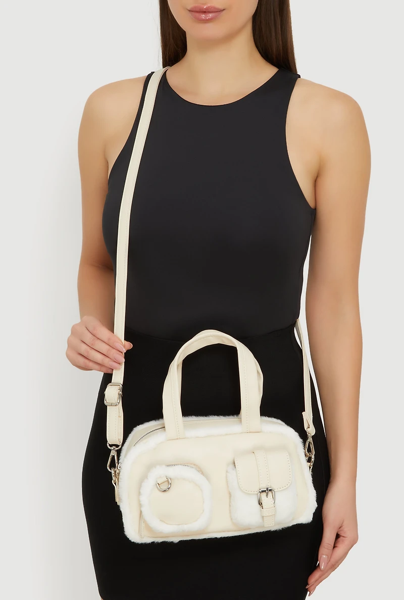 Faux Fur Trim Cargo Pocket Convertible Crossbody Bag