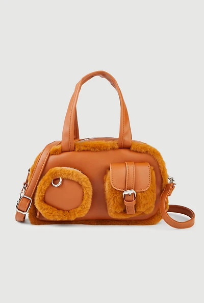 Faux Fur Trim Cargo Pocket Convertible Crossbody Bag