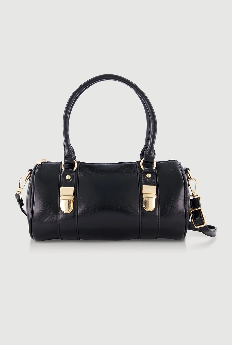 Faux Leather Double Handle Convertible Barrel Bag