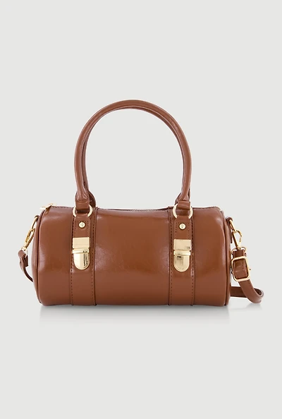 Faux Leather Double Handle Convertible Barrel Bag