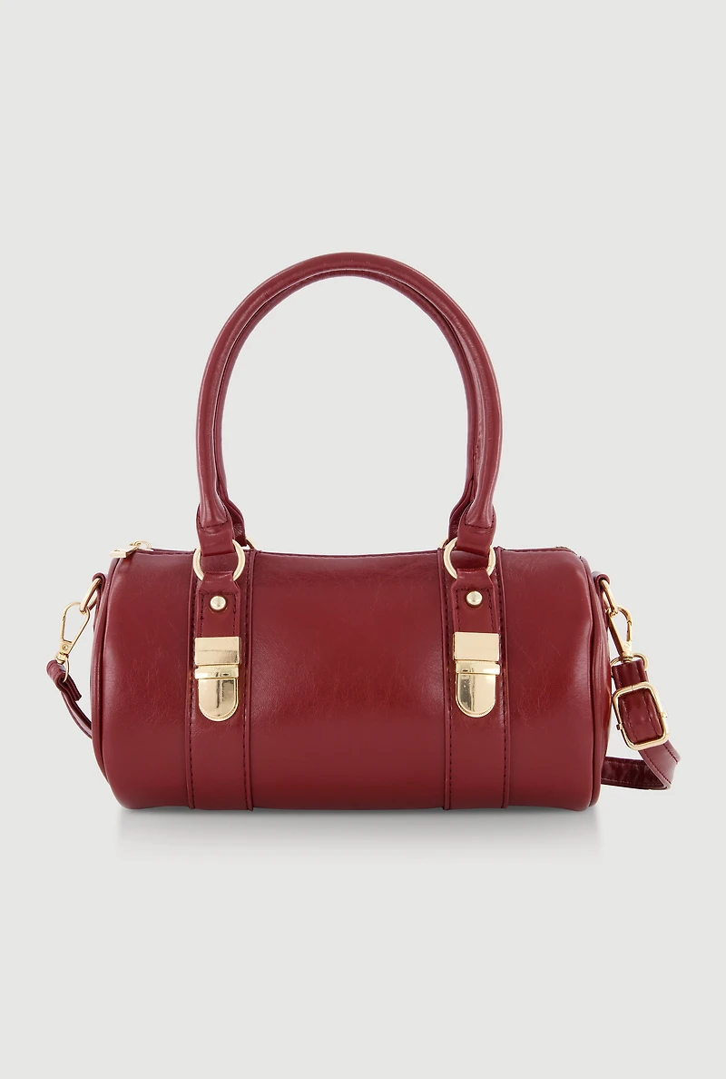 Faux Leather Double Handle Convertible Barrel Bag