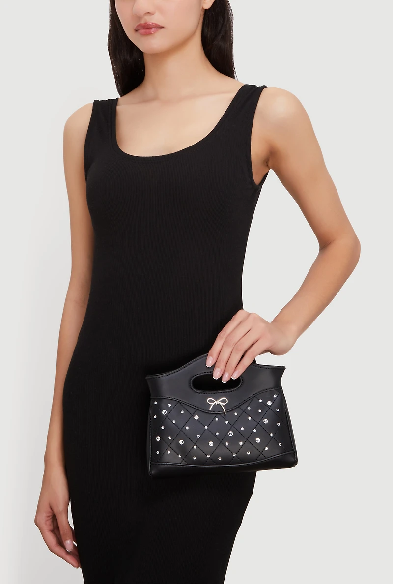 Rhinestone Bow Detail Crossbody Faux Leather Bag