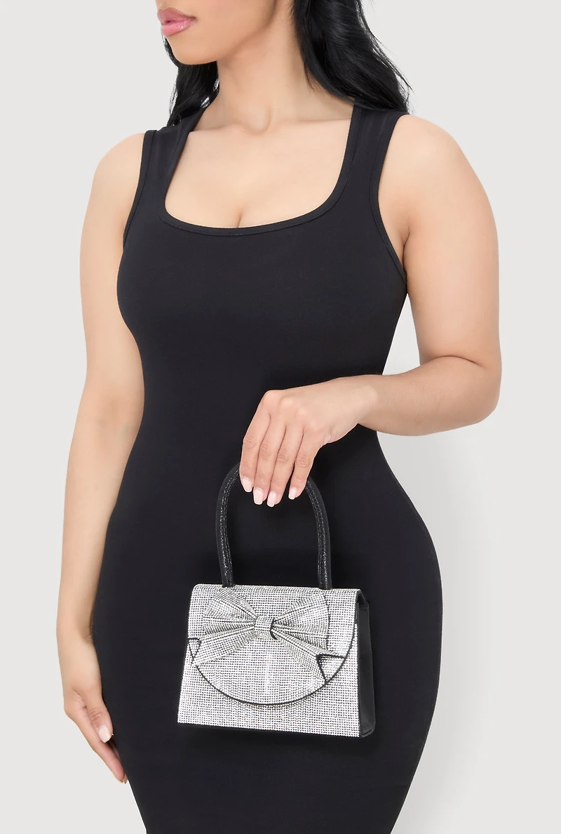Rhinestone Bow Top Handle Handbag