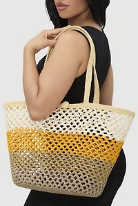 Womens Crochet Color Block Lurex Tote Bag, Yellow