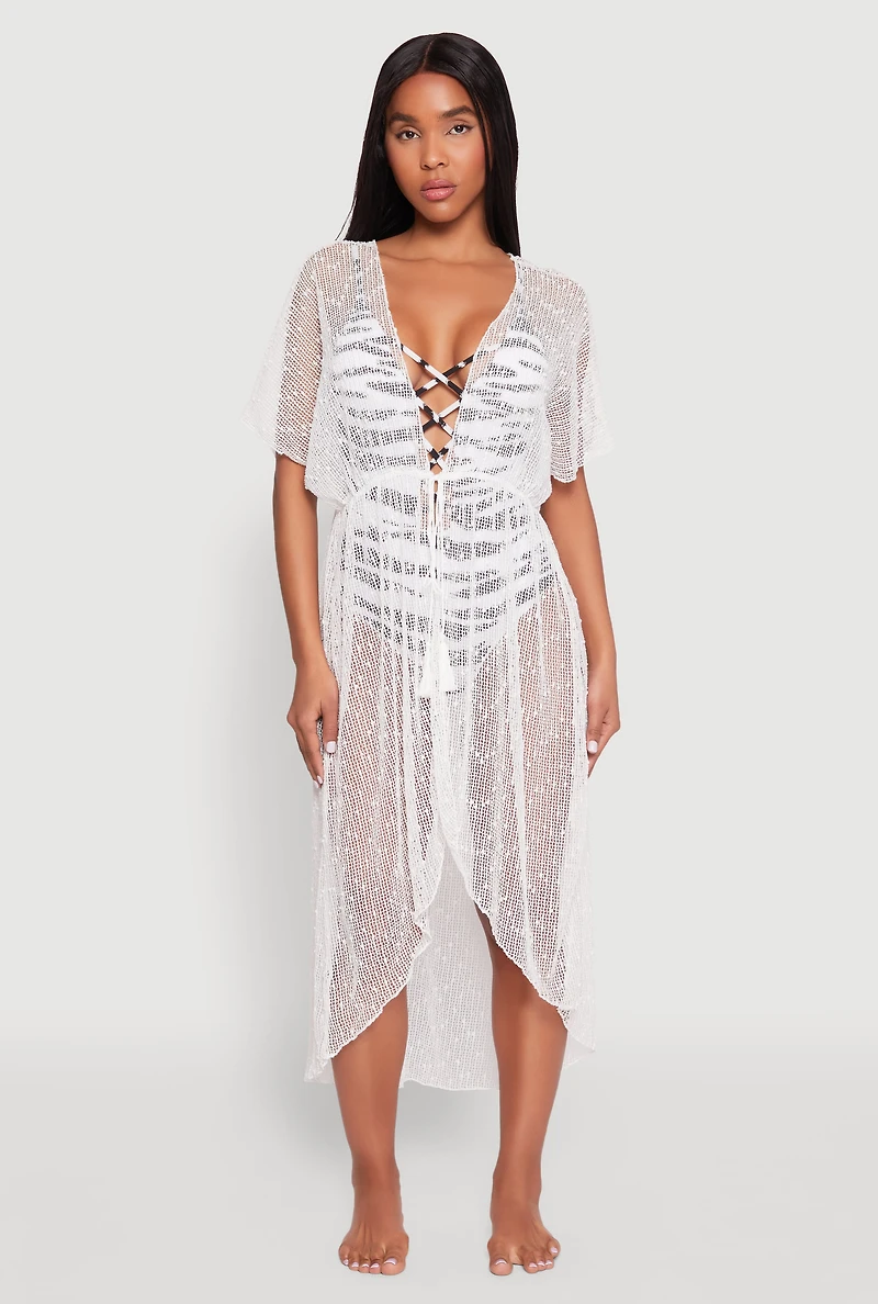 Popcorn Knit Tie Front Cover Up Kimono