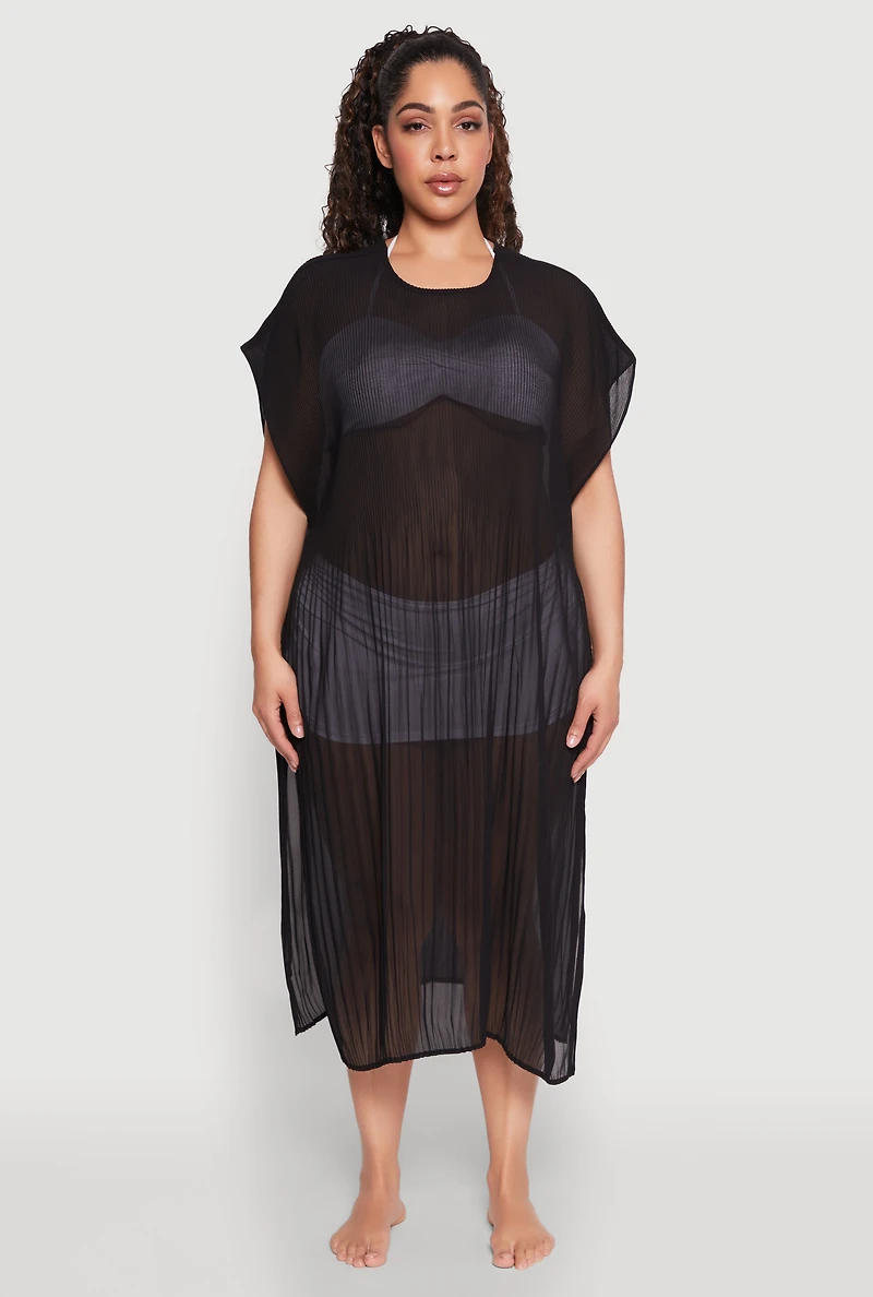 Womens Plisse Swim Cover Up, Black