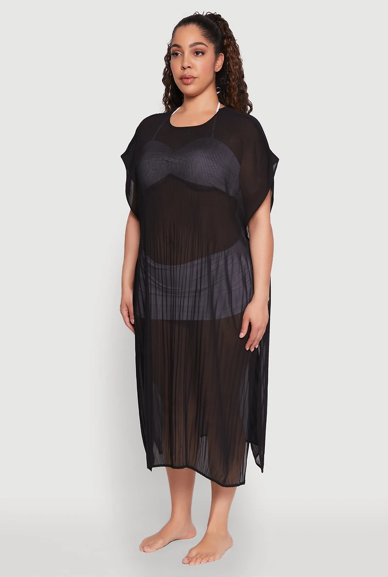 Womens Plisse Swim Cover Up, Black