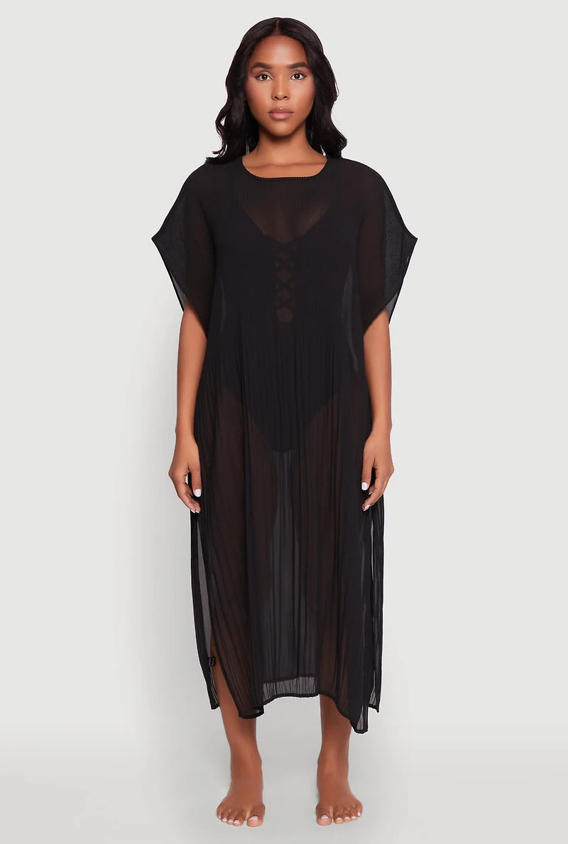 Womens Plisse Swim Cover Up, Black