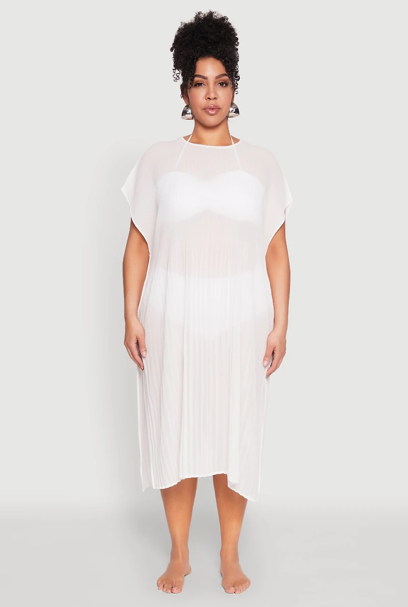 Womens Plisse Swim Cover Up, White