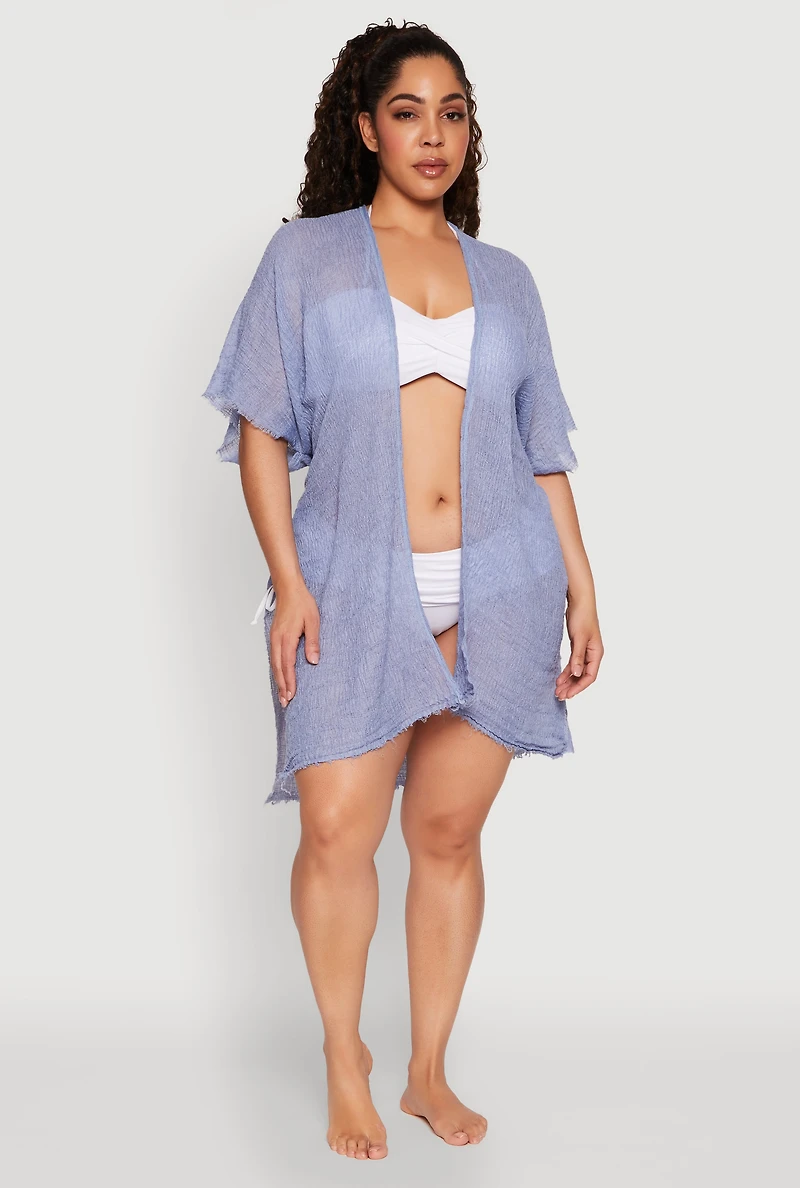 Womens Smocked Back Kimono, Blue