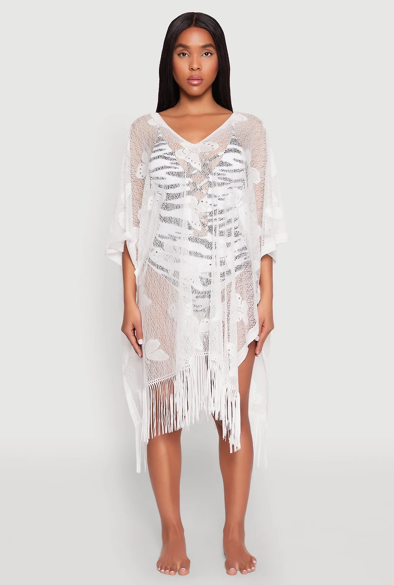 Womens Butterfly Fringe Swim Cover Up, White