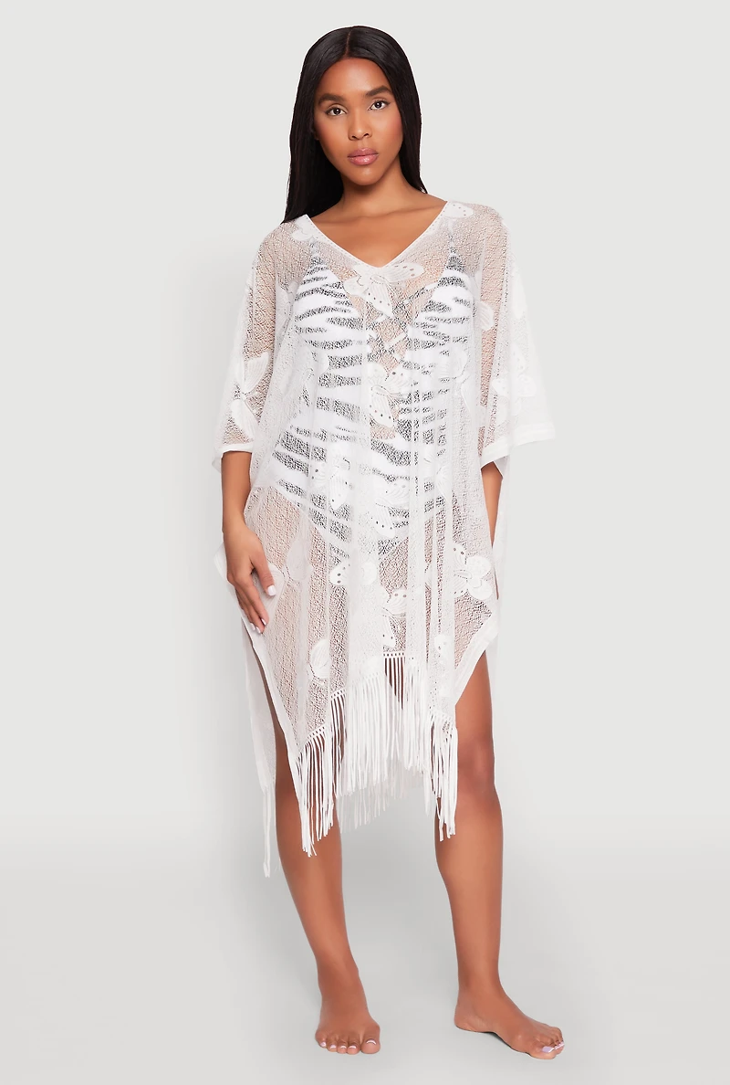 Womens Butterfly Fringe Swim Cover Up, White