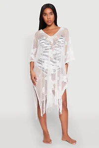 Womens Butterfly Fringe Swim Cover Up, White