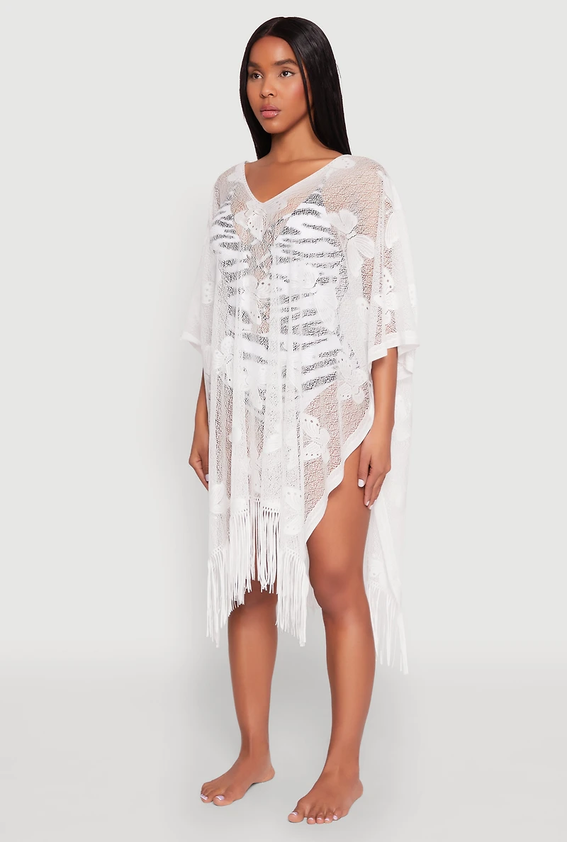 Womens Butterfly Fringe Swim Cover Up, White