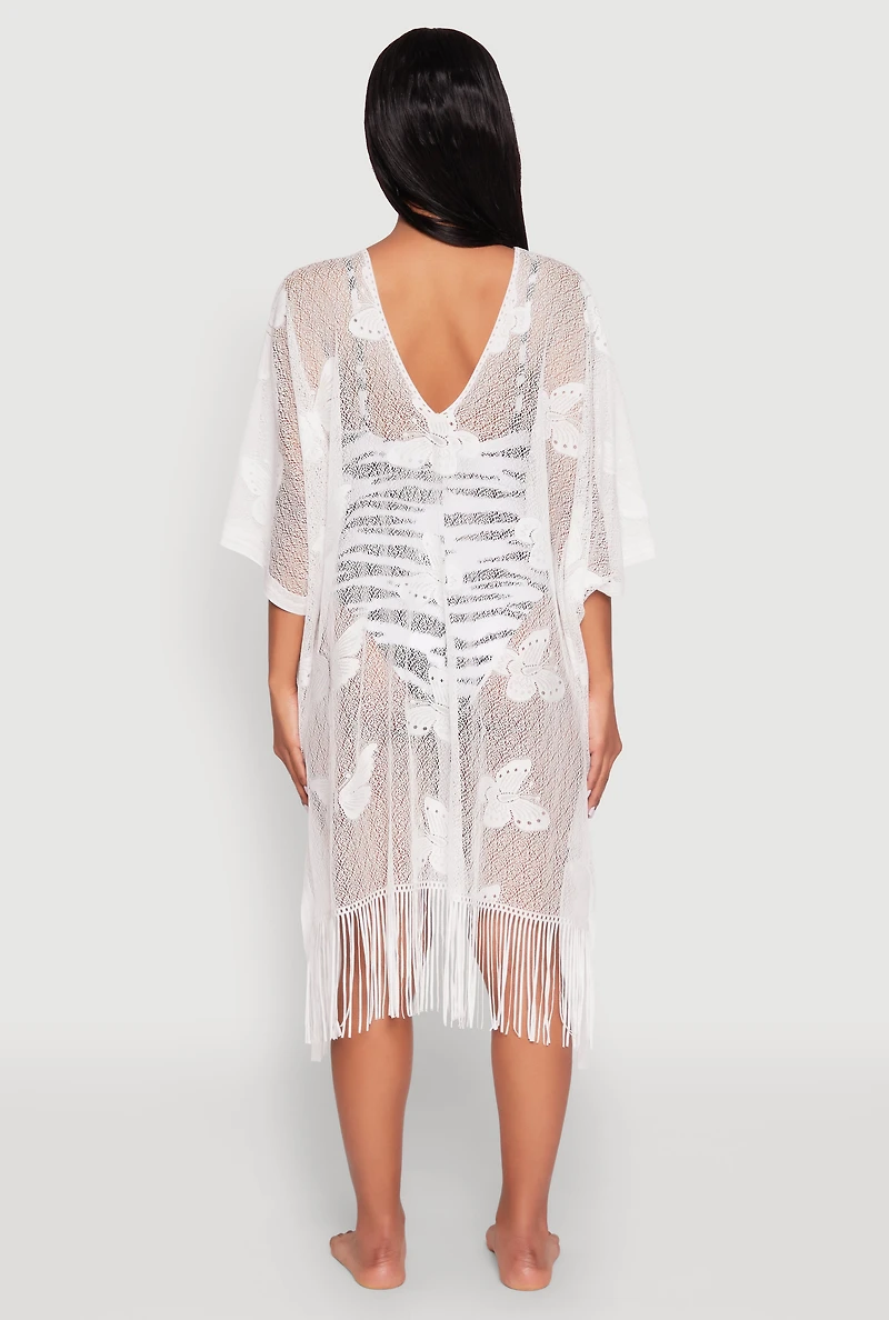 Womens Butterfly Fringe Swim Cover Up, White