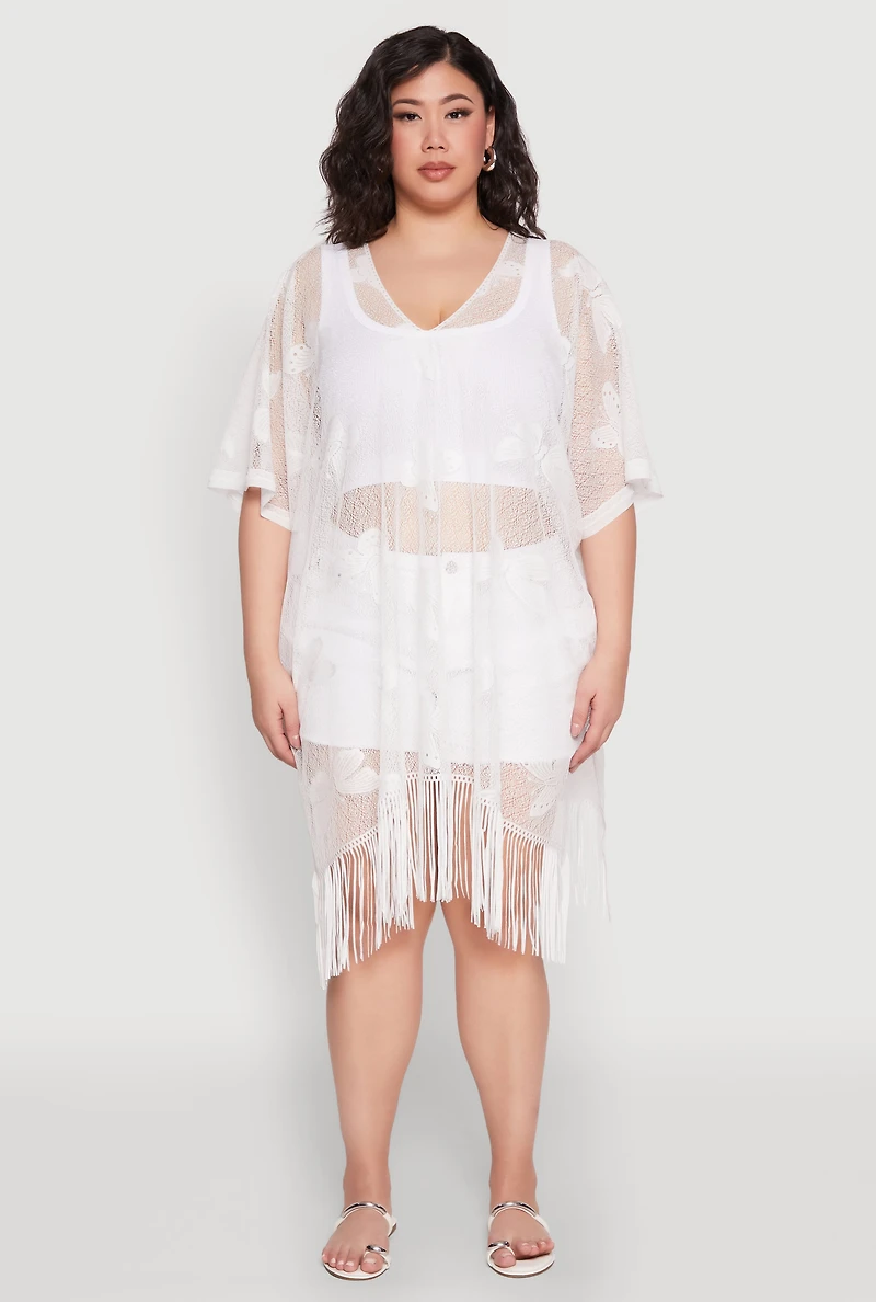 Womens Butterfly Fringe Swim Cover Up, White