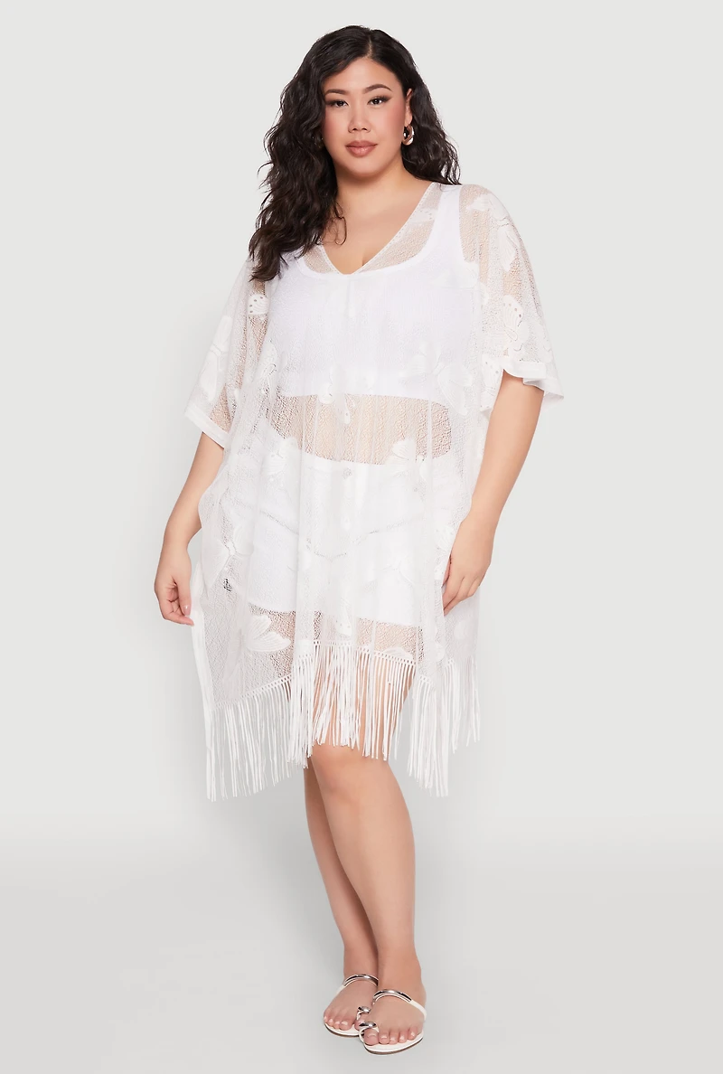 Womens Butterfly Fringe Swim Cover Up, White