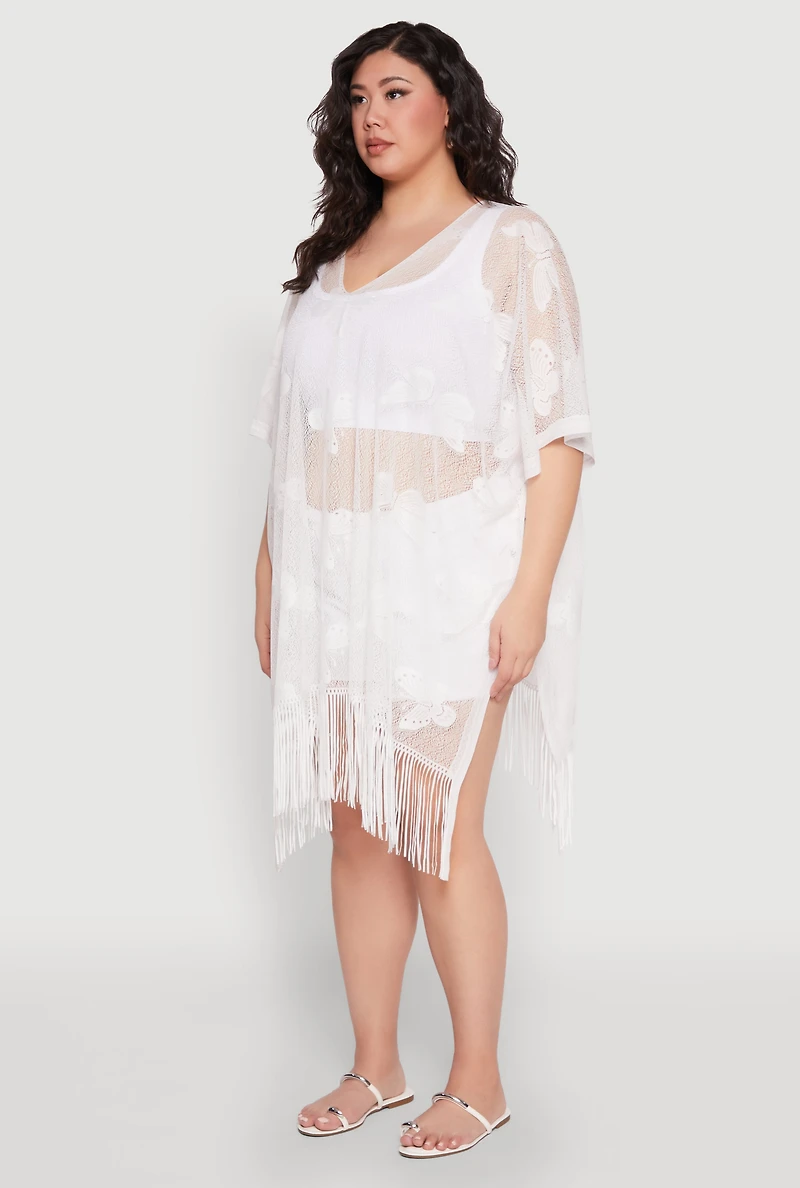Womens Butterfly Fringe Swim Cover Up, White